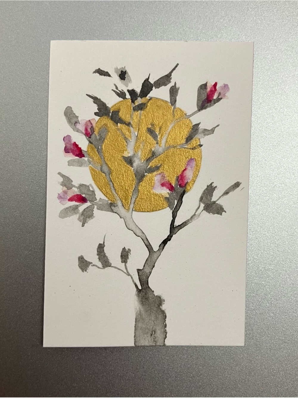 Original tree blossoms painting miniature realism sumo-e style ink artwork